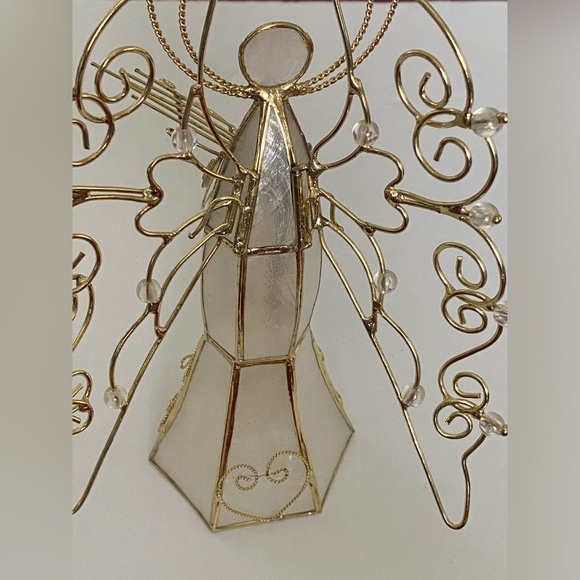 Vintage Capiz Shell Christmas Angel with Wings Playing Harp Gold Metal Crystals - Picture 13 of 16
